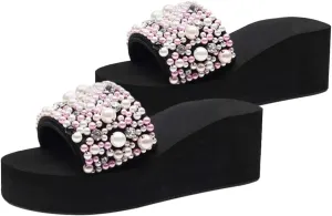 1 Pair Women Wedge Sandals Platform Wedge Slippers Pearl Open Toe Summer Sandals Boho Slides for Lady Girls