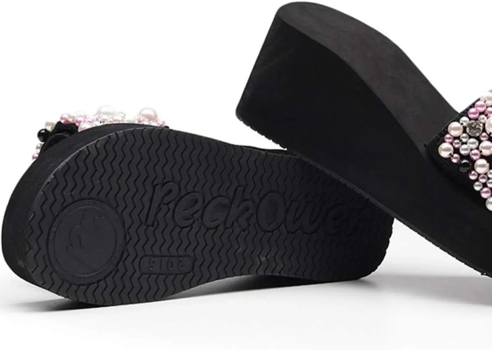 1 Pair Women Wedge Sandals Platform Wedge Slippers Pearl Open Toe Summer Sandals Boho Slides for Lady Girls