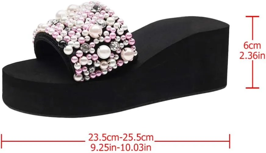 1 Pair Women Wedge Sandals Platform Wedge Slippers Pearl Open Toe Summer Sandals Boho Slides for Lady Girls