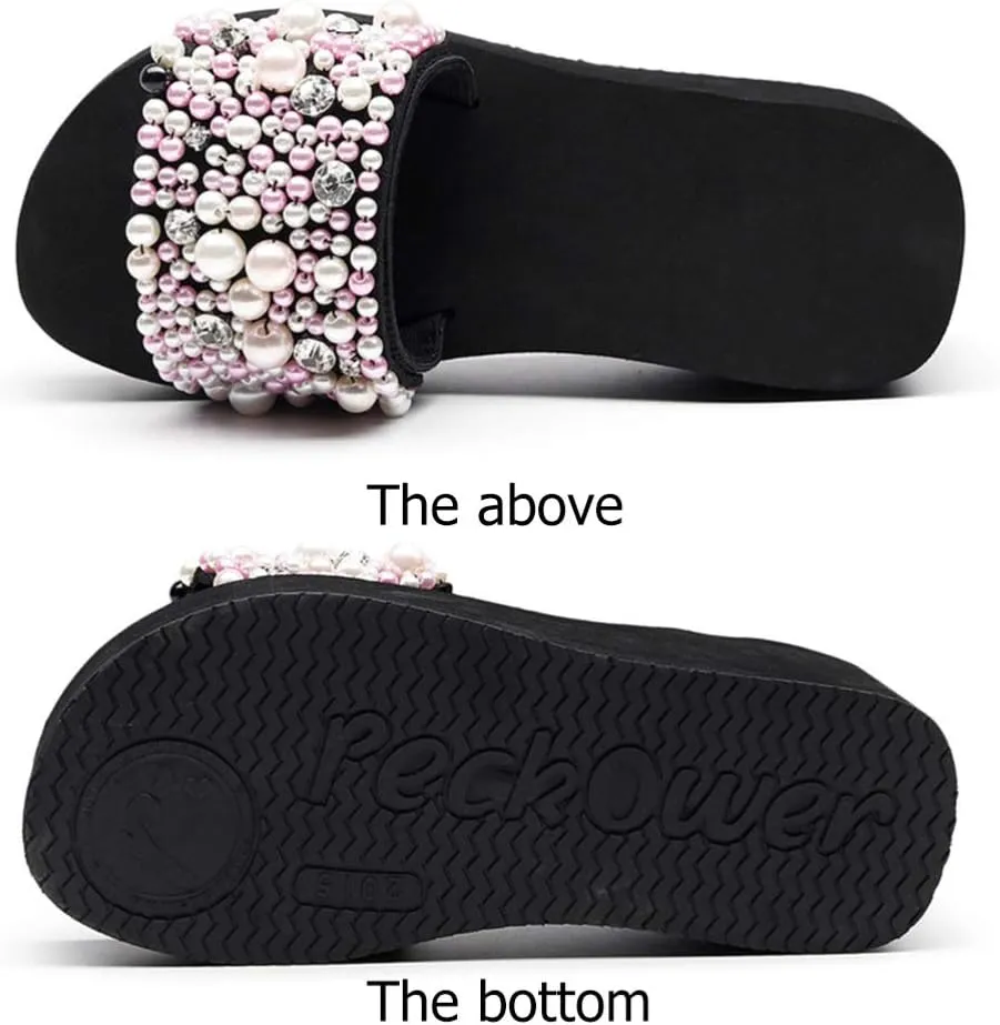 1 Pair Women Wedge Sandals Platform Wedge Slippers Pearl Open Toe Summer Sandals Boho Slides for Lady Girls