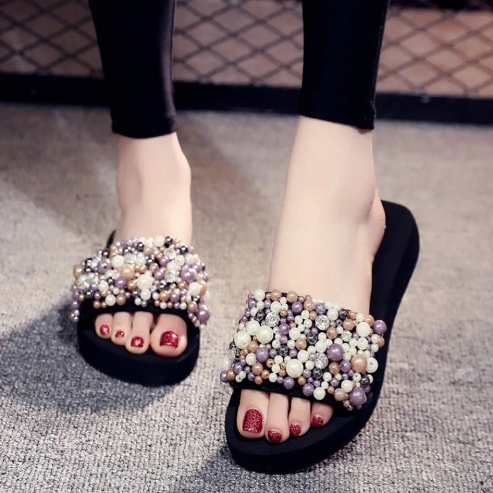 1 Pair Women Wedge Sandals Platform Wedge Slippers Pearl Open Toe Summer Sandals Boho Slides for Lady Girls
