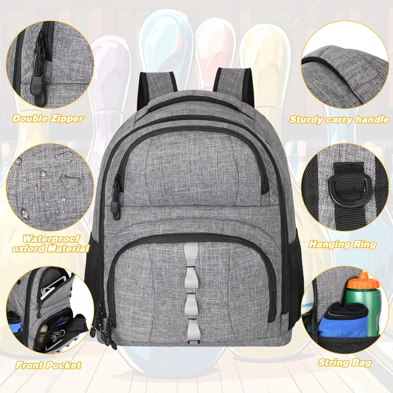 2 Ball Bowling Backpack,Bowling Ball Bag with Shoe Compartment & Portective Foam Padded, Fits Shoes Up to US Size 16