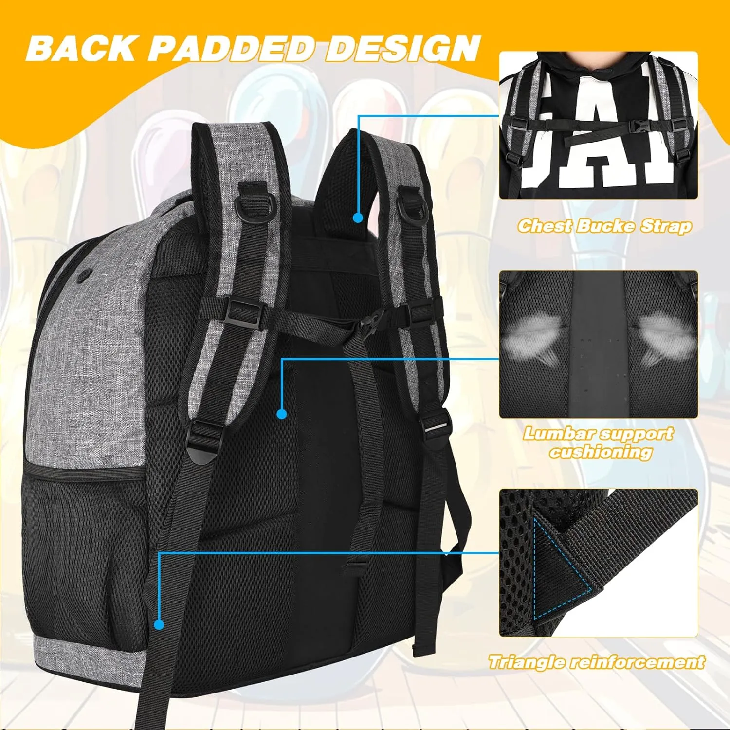 2 Ball Bowling Backpack,Bowling Ball Bag with Shoe Compartment & Portective Foam Padded, Fits Shoes Up to US Size 16