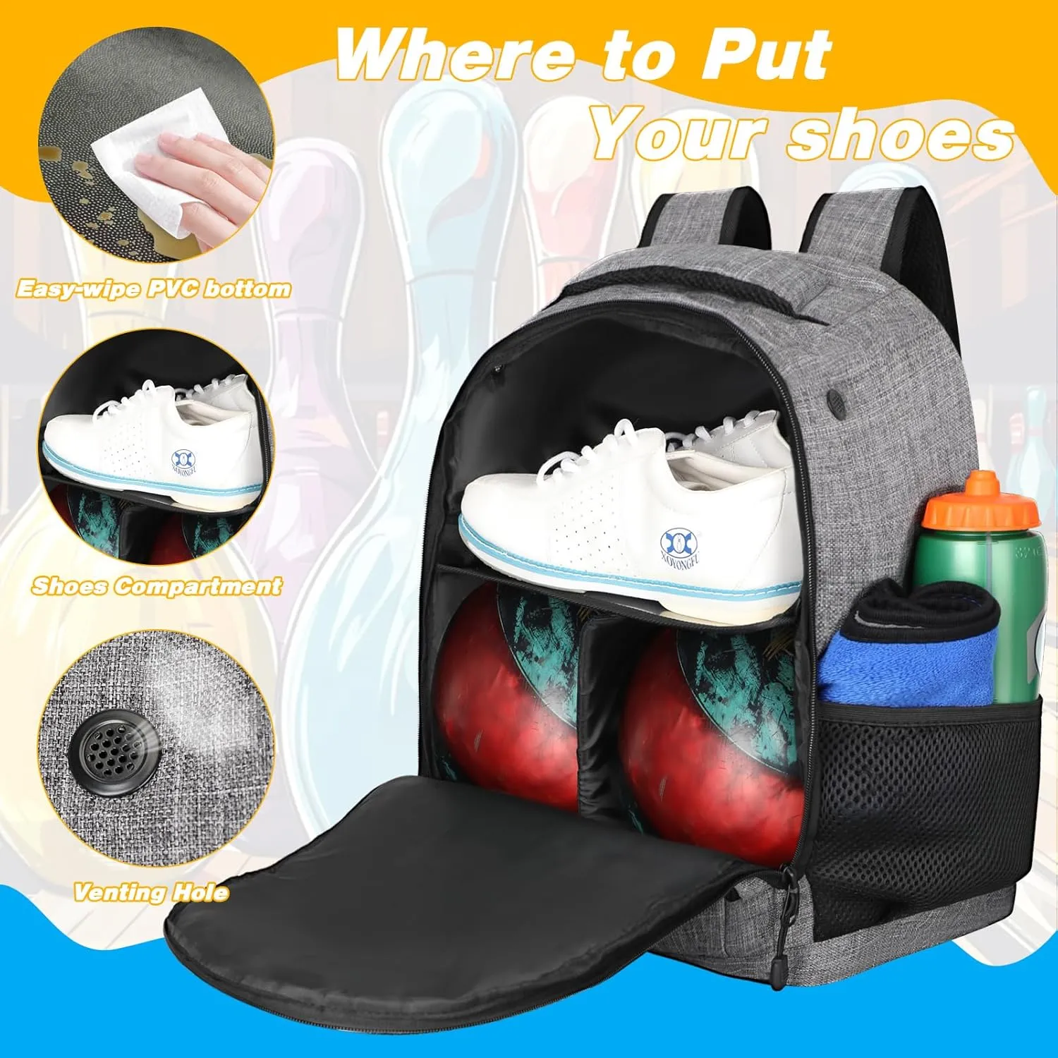 2 Ball Bowling Backpack,Bowling Ball Bag with Shoe Compartment & Portective Foam Padded, Fits Shoes Up to US Size 16