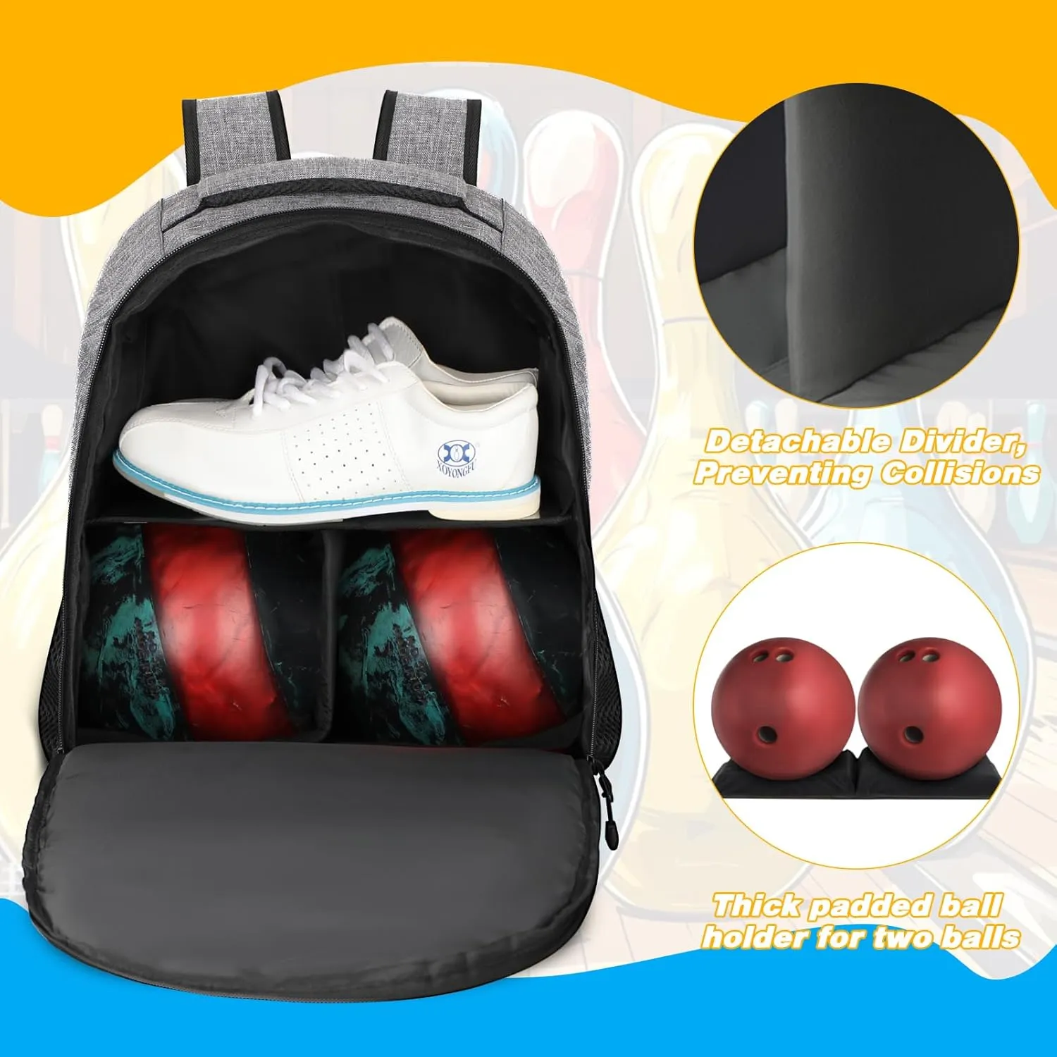 2 Ball Bowling Backpack,Bowling Ball Bag with Shoe Compartment & Portective Foam Padded, Fits Shoes Up to US Size 16