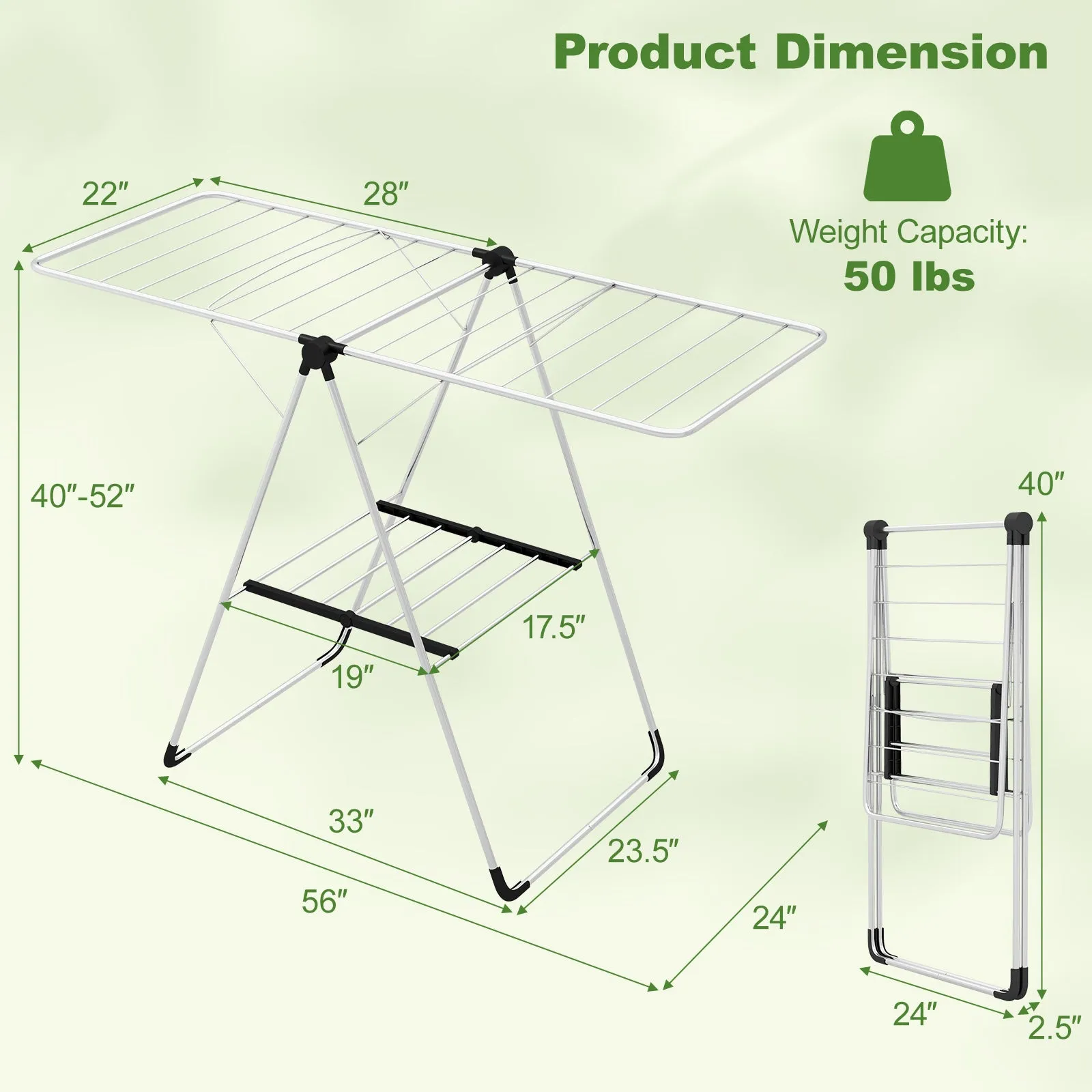2-Tier Laundry Drying Rack Folding Cloth Rack with Aluminum Frame
