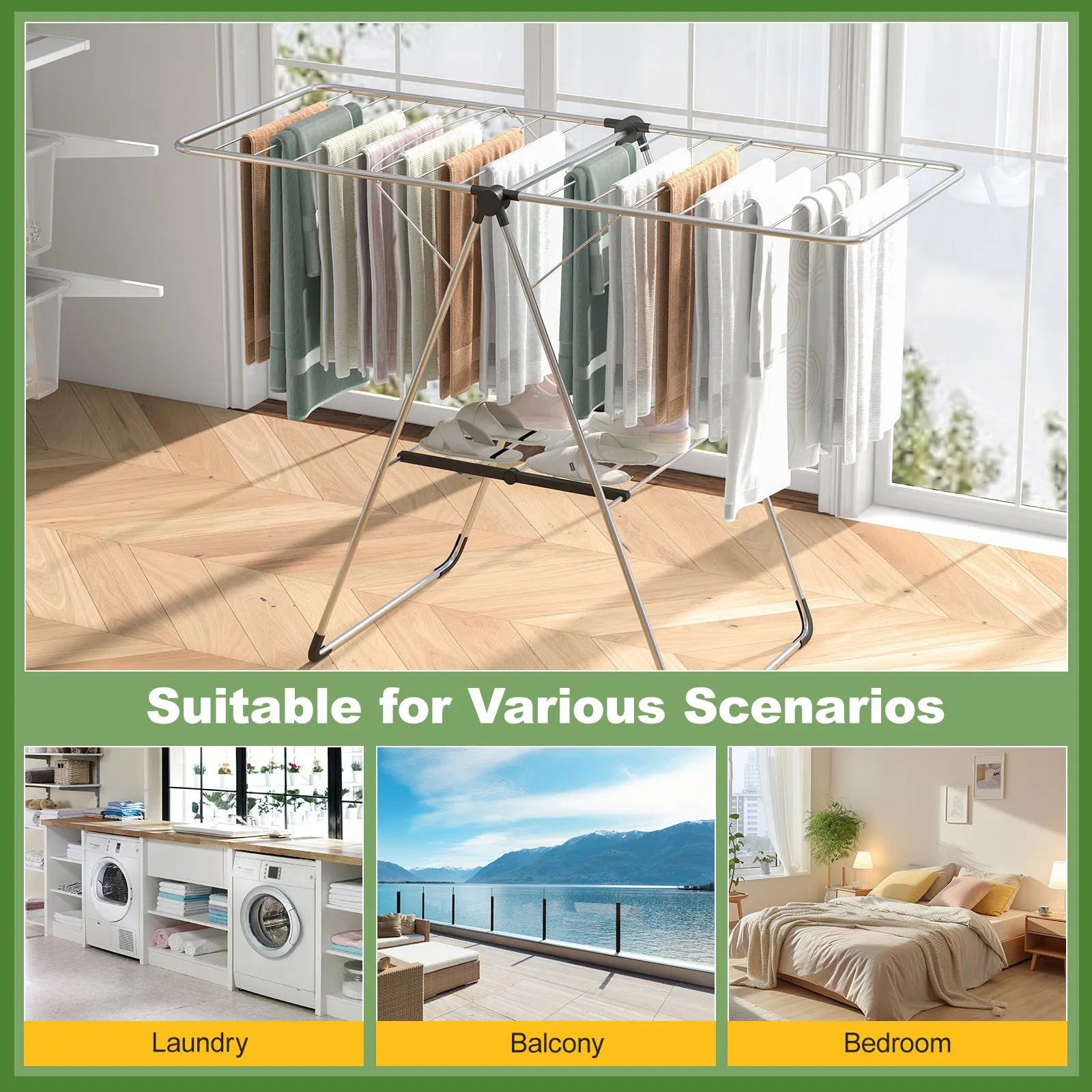 2-Tier Laundry Drying Rack Folding Cloth Rack with Aluminum Frame