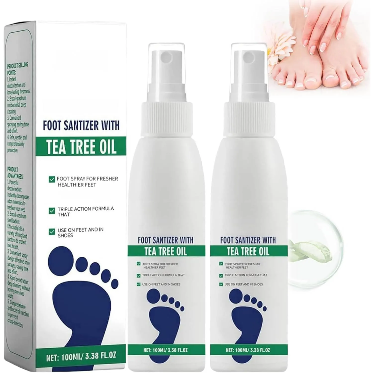 2PCS Foot Sanitizer Spray with Tea Tree Oil,Clear Foot Sanitizer Spray,Tea Tree Oil Feet Spray, Foot & Shoe Freshness,Quick-Drying & Travel-Friendly,100 ml/3.5 oz