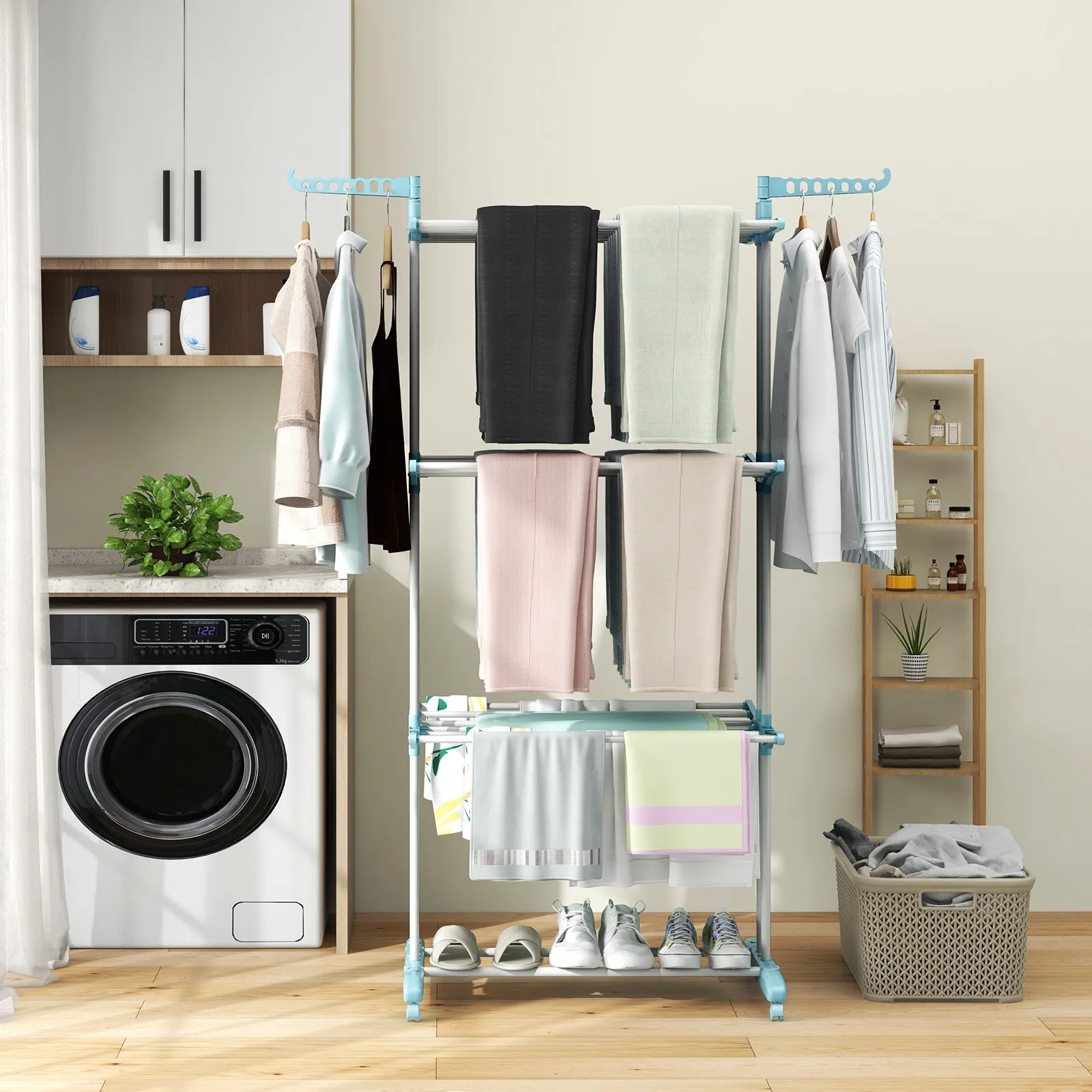 4-tier Clothes Drying Rack with Rotatable Side Wings and Collapsible Shelves-Navy