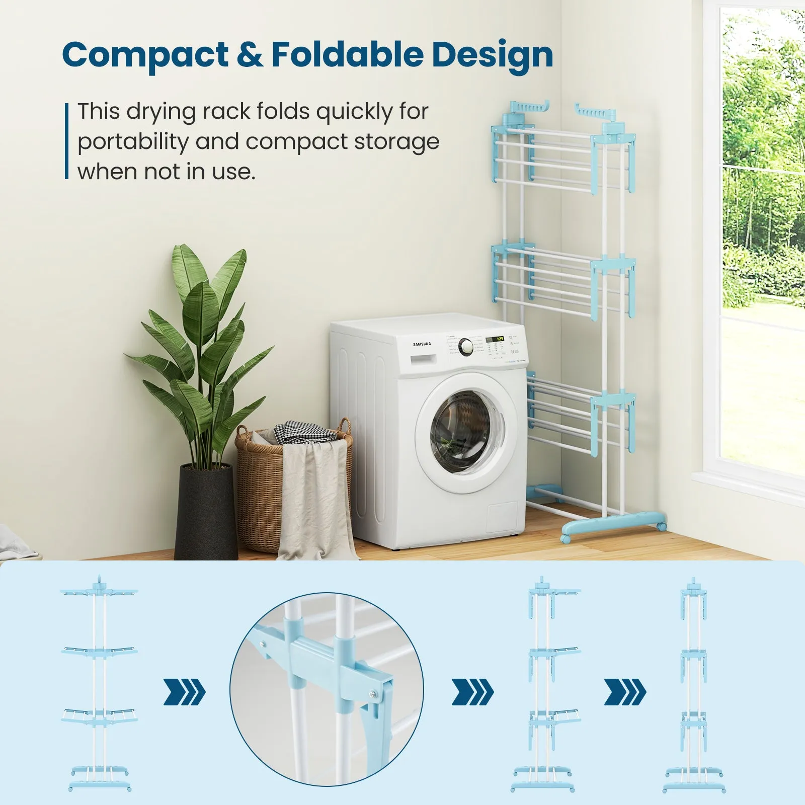 4-tier Clothes Drying Rack with Rotatable Side Wings and Collapsible Shelves-Navy