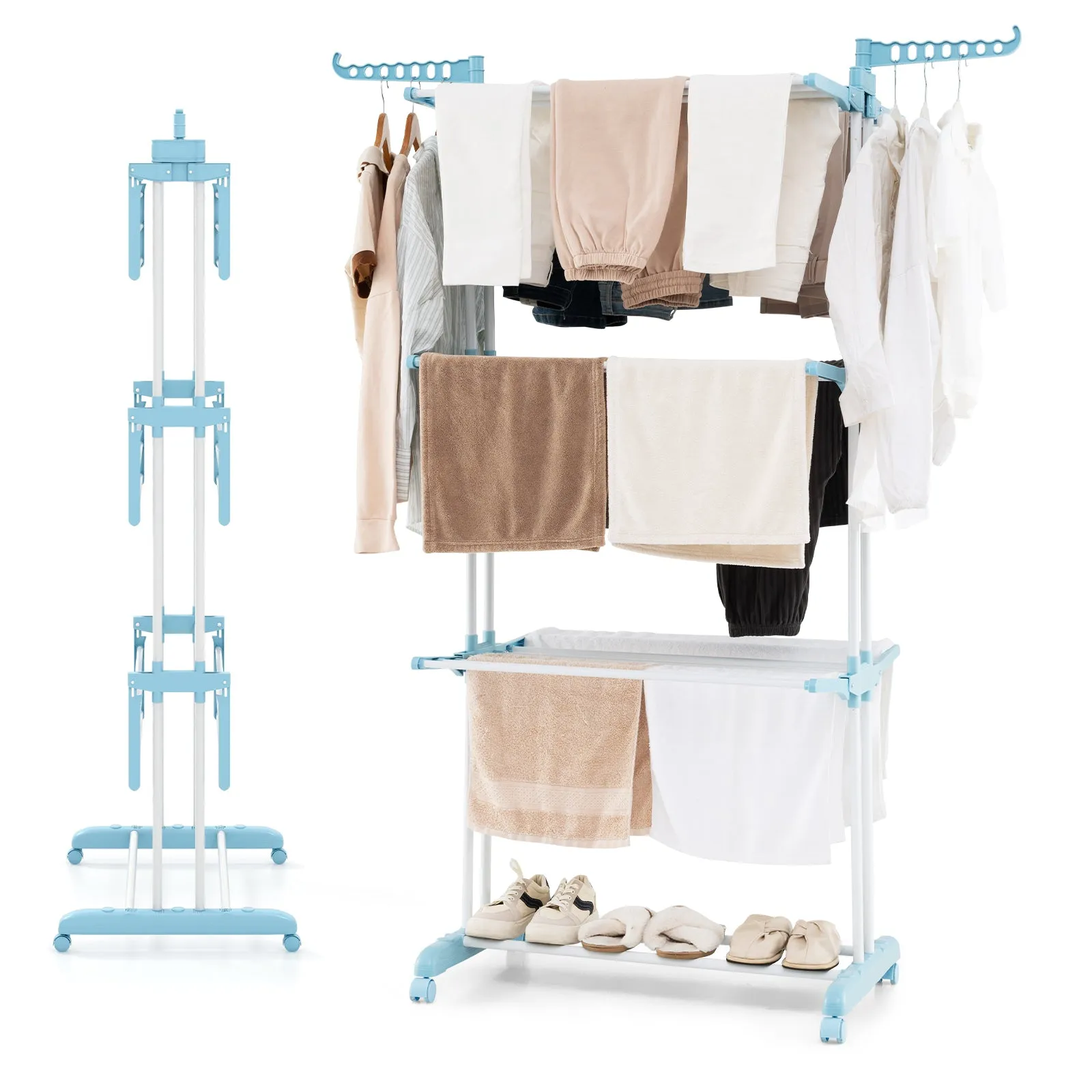 4-tier Clothes Drying Rack with Rotatable Side Wings and Collapsible Shelves-Navy