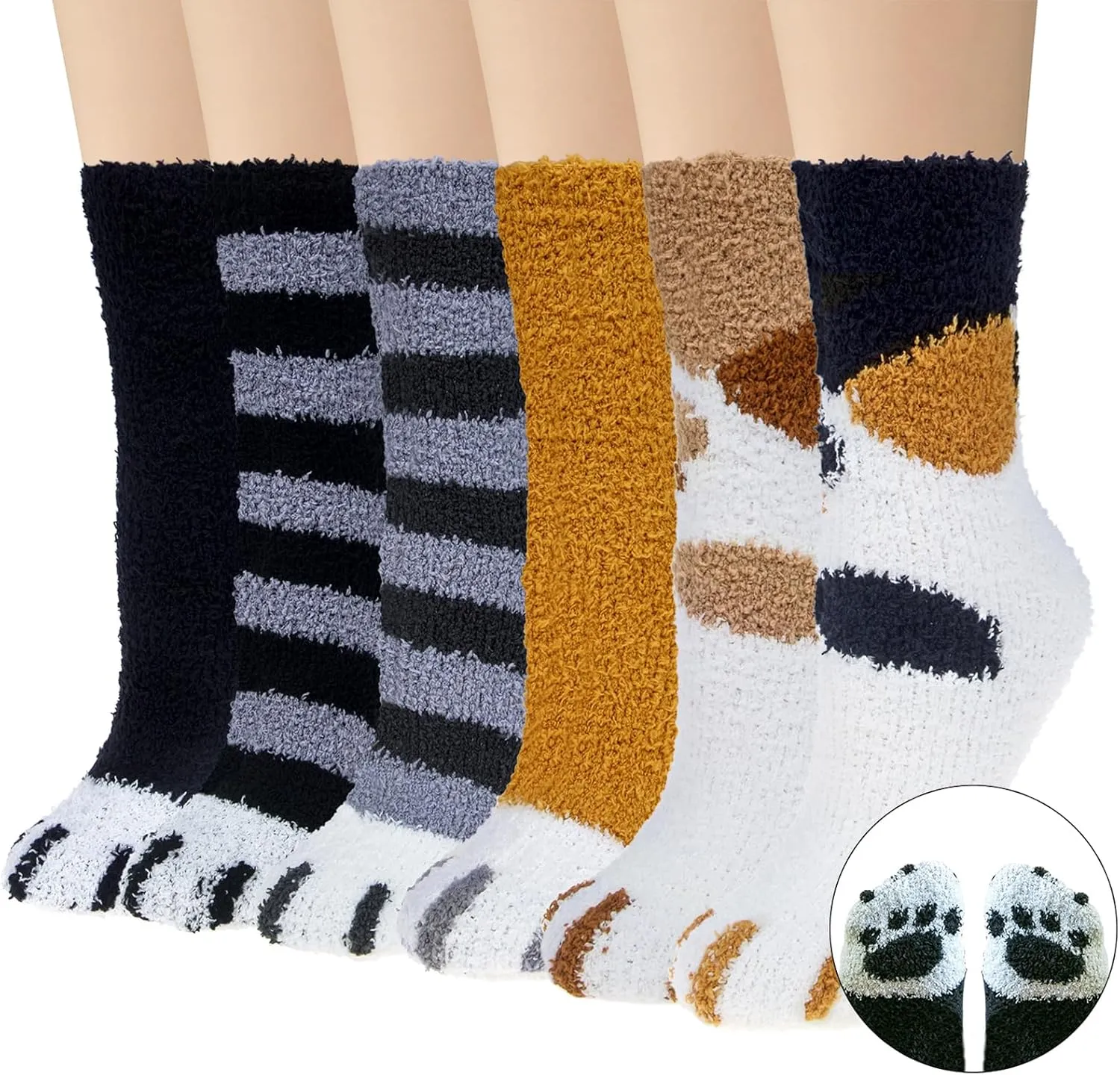 6 Pairs Womens Fuzzy Socks Winter Warm Soft Cozy Fluffy Microfiber House Sleeping Slipper Socks Christmas Gifts