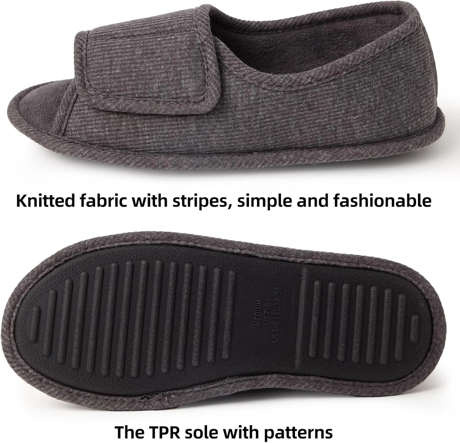 Adjustable House Shoes Open Toe Full Foot Slippers for Men Women Breathable Memory Foam Slipper Indoor/Outdoor Non-Slip Sole Extra Wide Shoes for All Season DarkGrey NavyBlue Pink