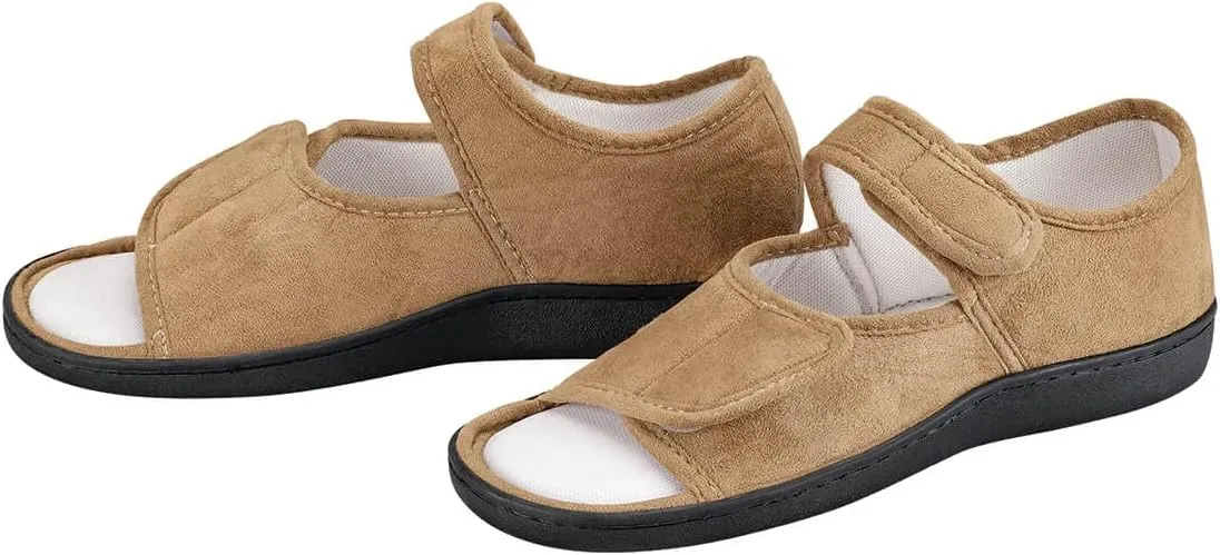 Adjustable Memory Foam Slippers, Hook and Loop Adjustable Closure, Rubber Outsoles – Beige, Small