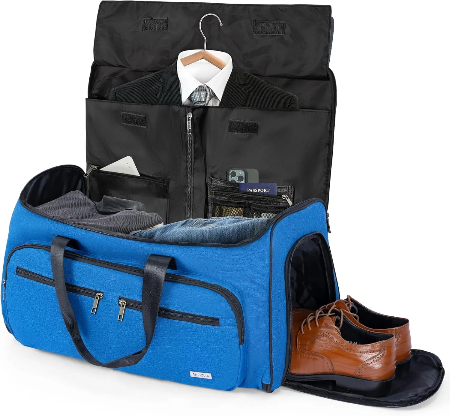 AKOZLIN Convertible Garment Bag Carry on 3 in 1 Garment Duffle Bag 51L Hanging Suit Travel Bag Dress Shoes Carrier Storage Bag For Men Women Blue