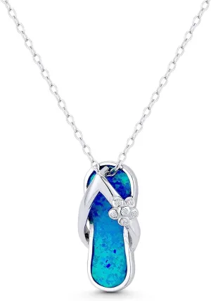 Alfred & Vincent Beach Sandal/Flip-Flop Slipper Created Opal & CZ Crystal 21x10mm (0.8x0.4in) Pendant in .925 Sterling Silver w/Rhodium