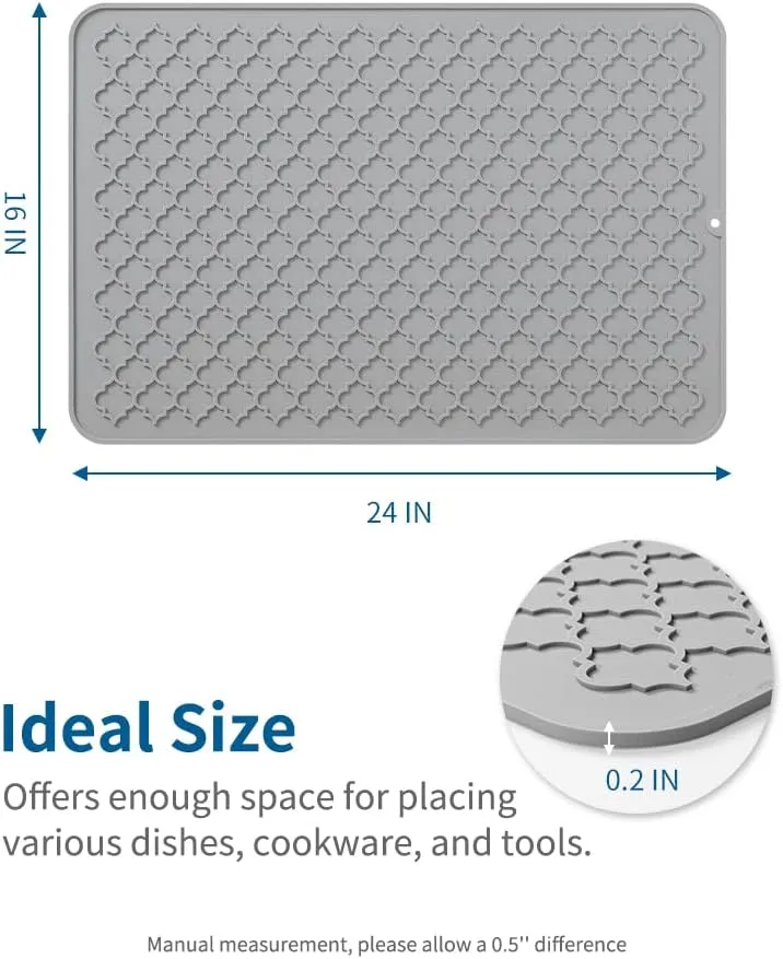 AMOAMI Dish Drying Mats for Kitchen Counter - Silicone Dish Drying Mat - Heat Resistant - Easy to Clean - Comfortable Experience - Multi-Use - Drain Pad & Non-Slip - 16" x 24", Grey