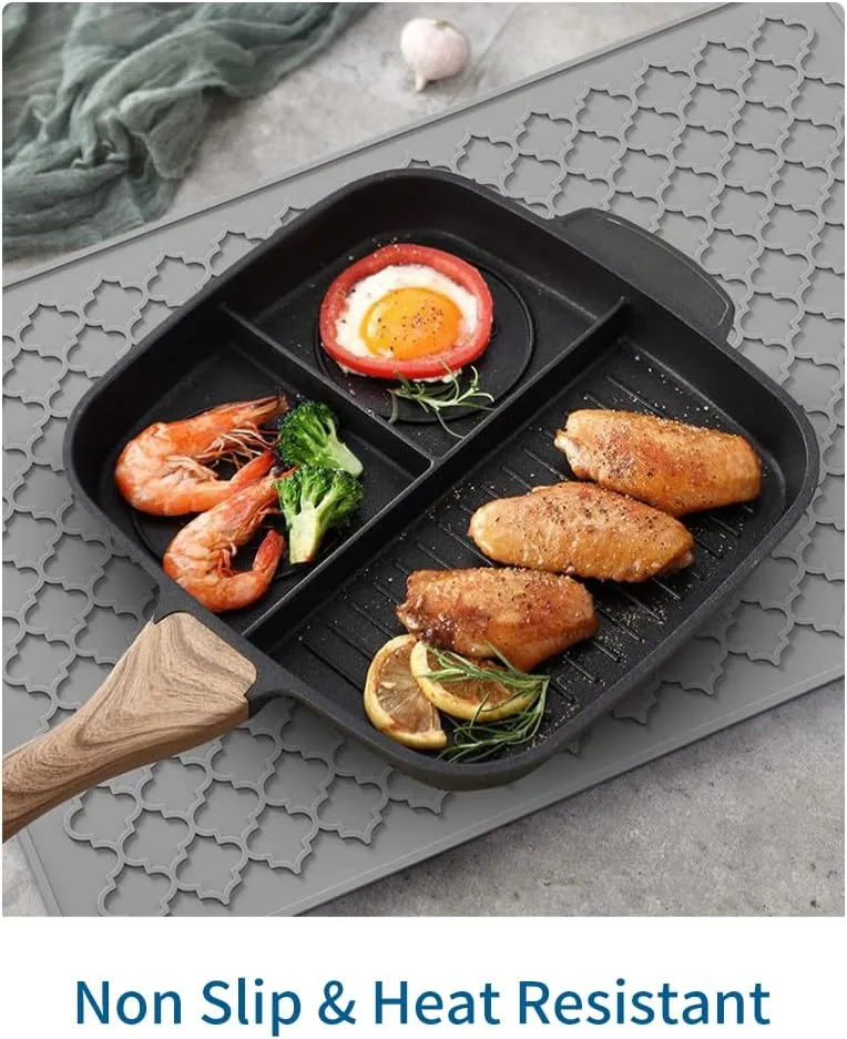 AMOAMI Dish Drying Mats for Kitchen Counter - Silicone Dish Drying Mat - Heat Resistant - Easy to Clean - Comfortable Experience - Multi-Use - Drain Pad & Non-Slip - 16" x 24", Grey