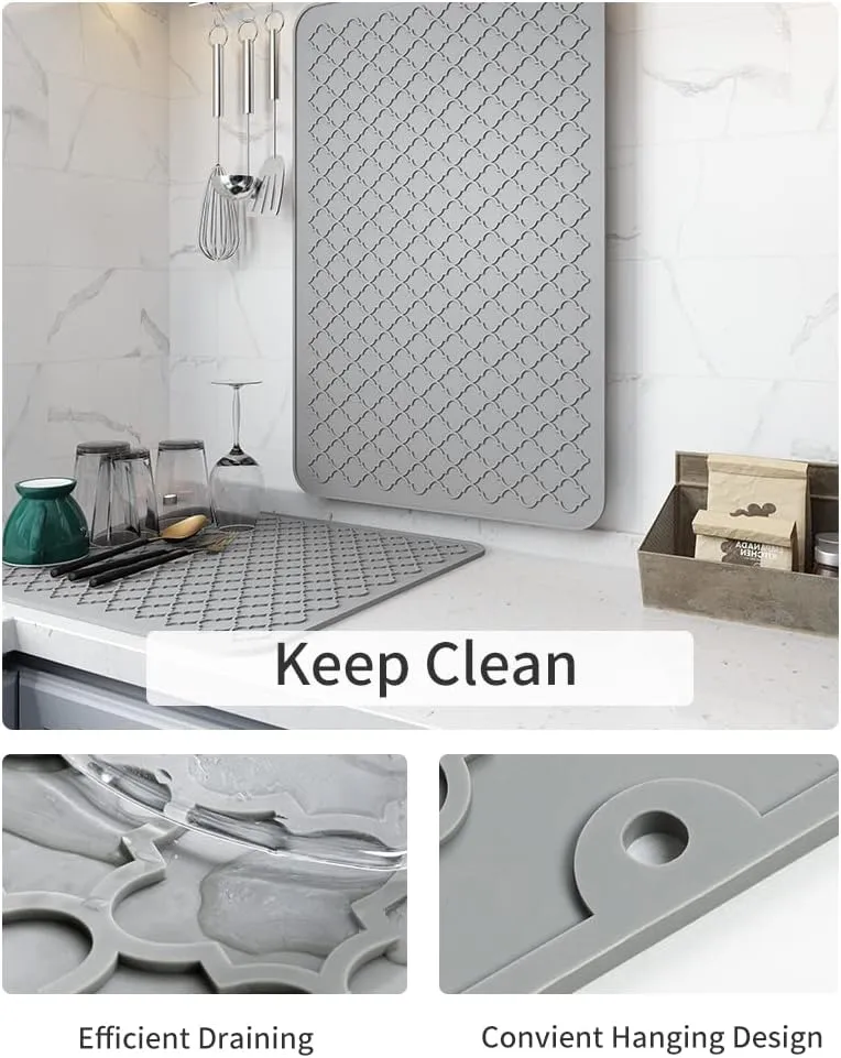 AMOAMI Dish Drying Mats for Kitchen Counter - Silicone Dish Drying Mat - Heat Resistant - Easy to Clean - Comfortable Experience - Multi-Use - Drain Pad & Non-Slip - 16" x 24", Grey