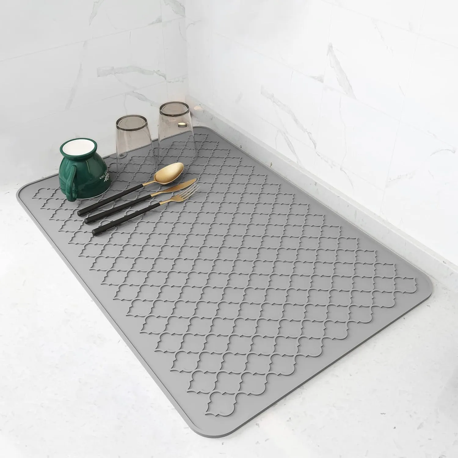 AMOAMI Dish Drying Mats for Kitchen Counter - Silicone Dish Drying Mat - Heat Resistant - Easy to Clean - Comfortable Experience - Multi-Use - Drain Pad & Non-Slip - 16" x 24", Grey