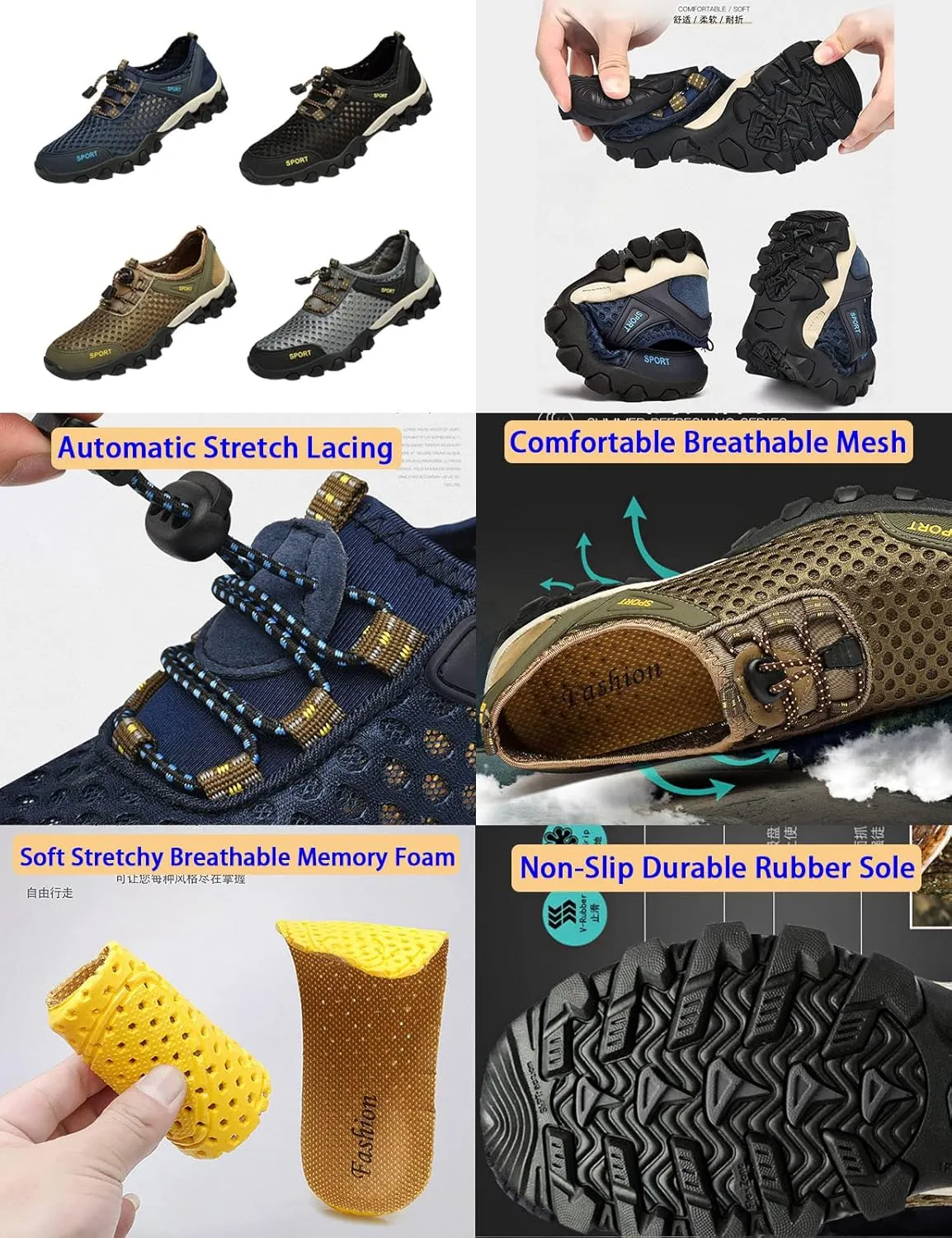 AngryMonkey Men's Quick Drying Hiking Wading Shoes,Comfort Breathe Mesh Arch Support Non-Slip Softsole Outdoor Travel Sneakers