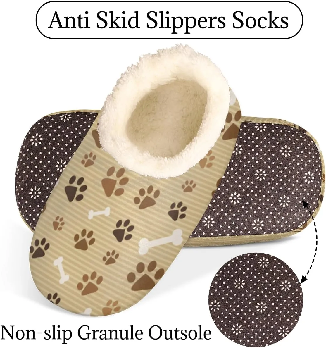Animal Dog Paw Bone Women's Slippers, Brown Stripe Non-Slip House Slipper Socks, Plush Lined Slippers Shoes for Girls Boys Teens Indoor Bedroom