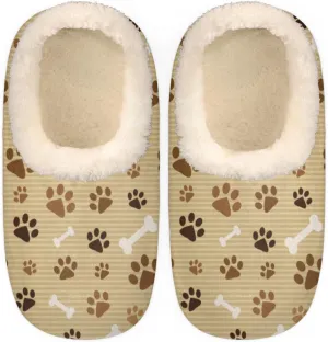 Animal Dog Paw Bone Women's Slippers, Brown Stripe Non-Slip House Slipper Socks, Plush Lined Slippers Shoes for Girls Boys Teens Indoor Bedroom