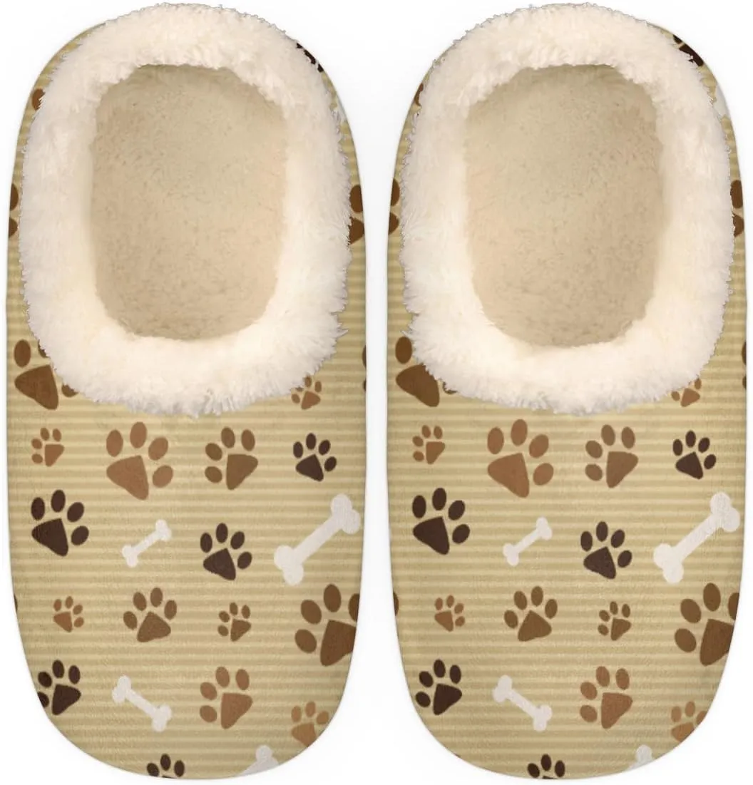 Animal Dog Paw Bone Women's Slippers, Brown Stripe Non-Slip House Slipper Socks, Plush Lined Slippers Shoes for Girls Boys Teens Indoor Bedroom