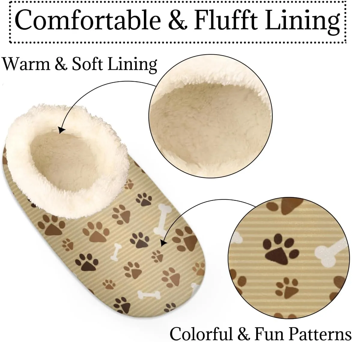 Animal Dog Paw Bone Women's Slippers, Brown Stripe Non-Slip House Slipper Socks, Plush Lined Slippers Shoes for Girls Boys Teens Indoor Bedroom