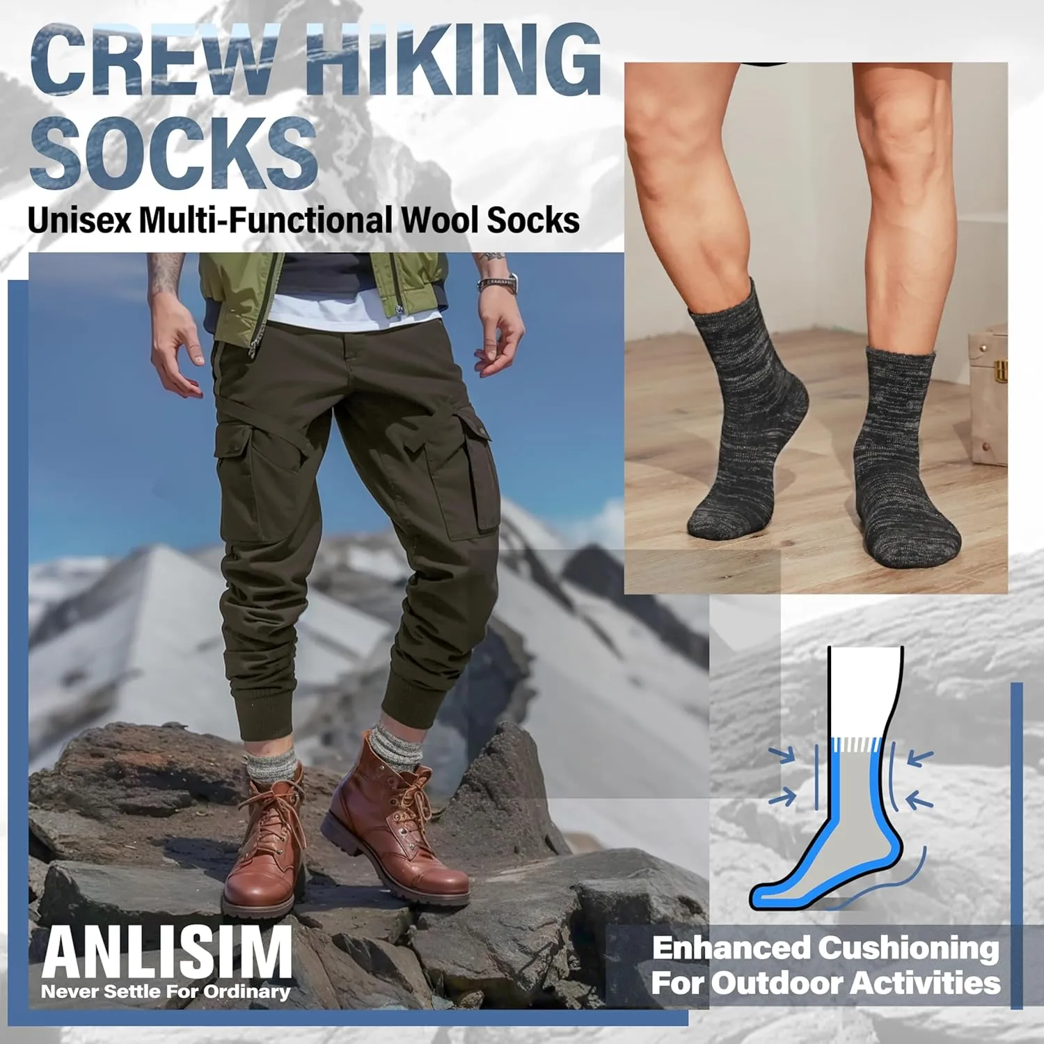 Anlisim Merino Wool Warm Boot Hiking Socks Thermal Extra Thick Winter Cozy Crew Comfy Cushioning Work Women Men Socks 4 Pairs