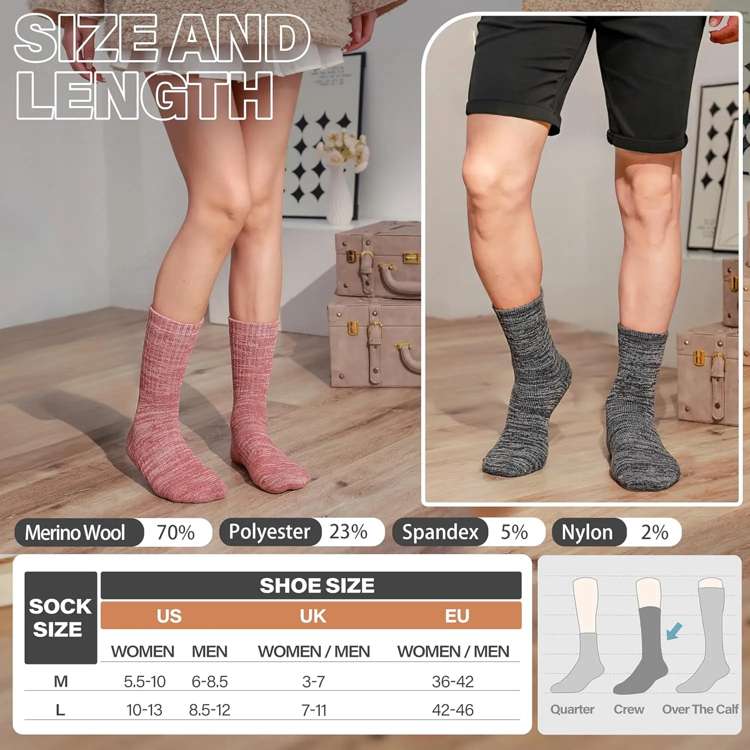 Anlisim Merino Wool Warm Boot Hiking Socks Thermal Extra Thick Winter Cozy Crew Comfy Cushioning Work Women Men Socks 4 Pairs