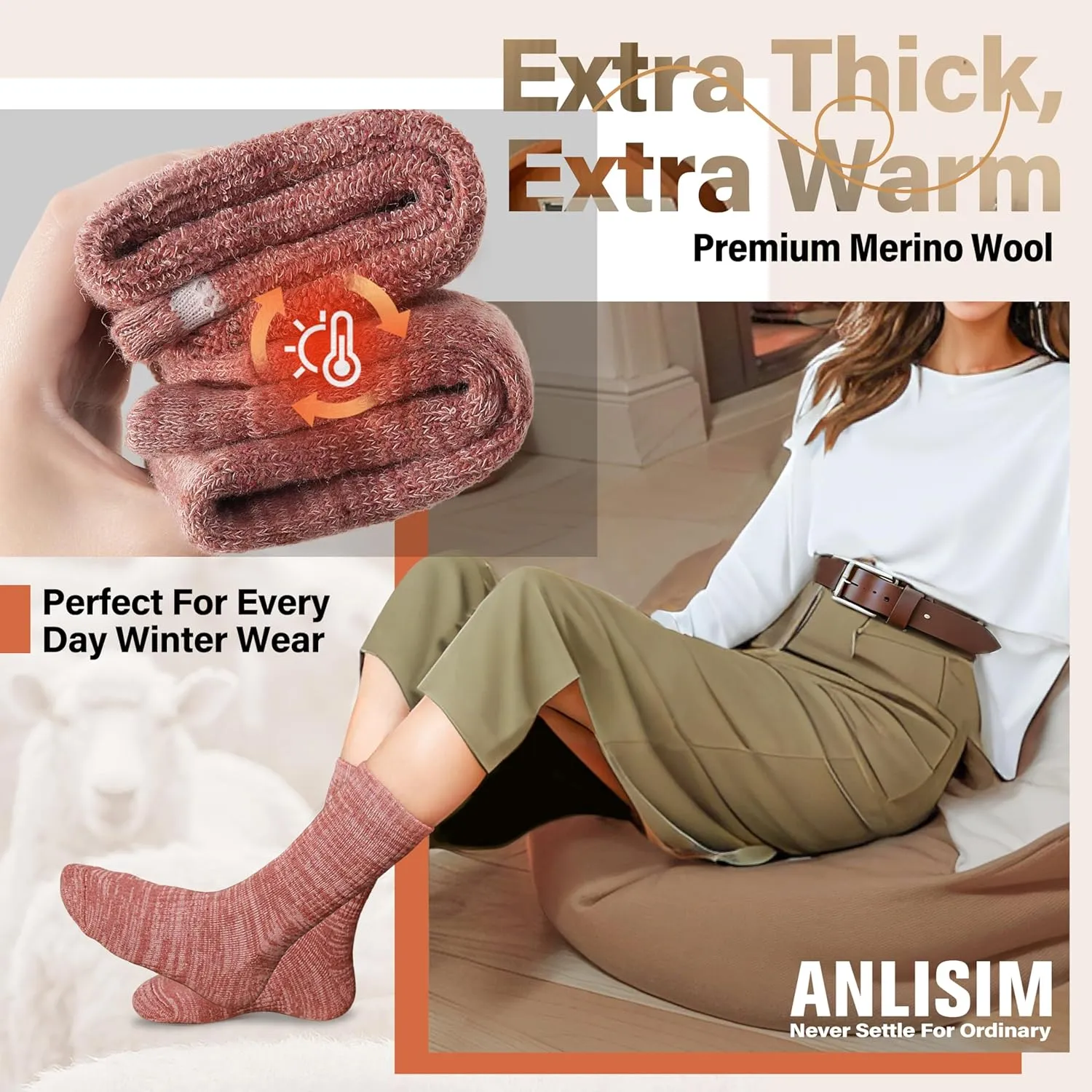 Anlisim Merino Wool Warm Boot Hiking Socks Thermal Extra Thick Winter Cozy Crew Comfy Cushioning Work Women Men Socks 4 Pairs