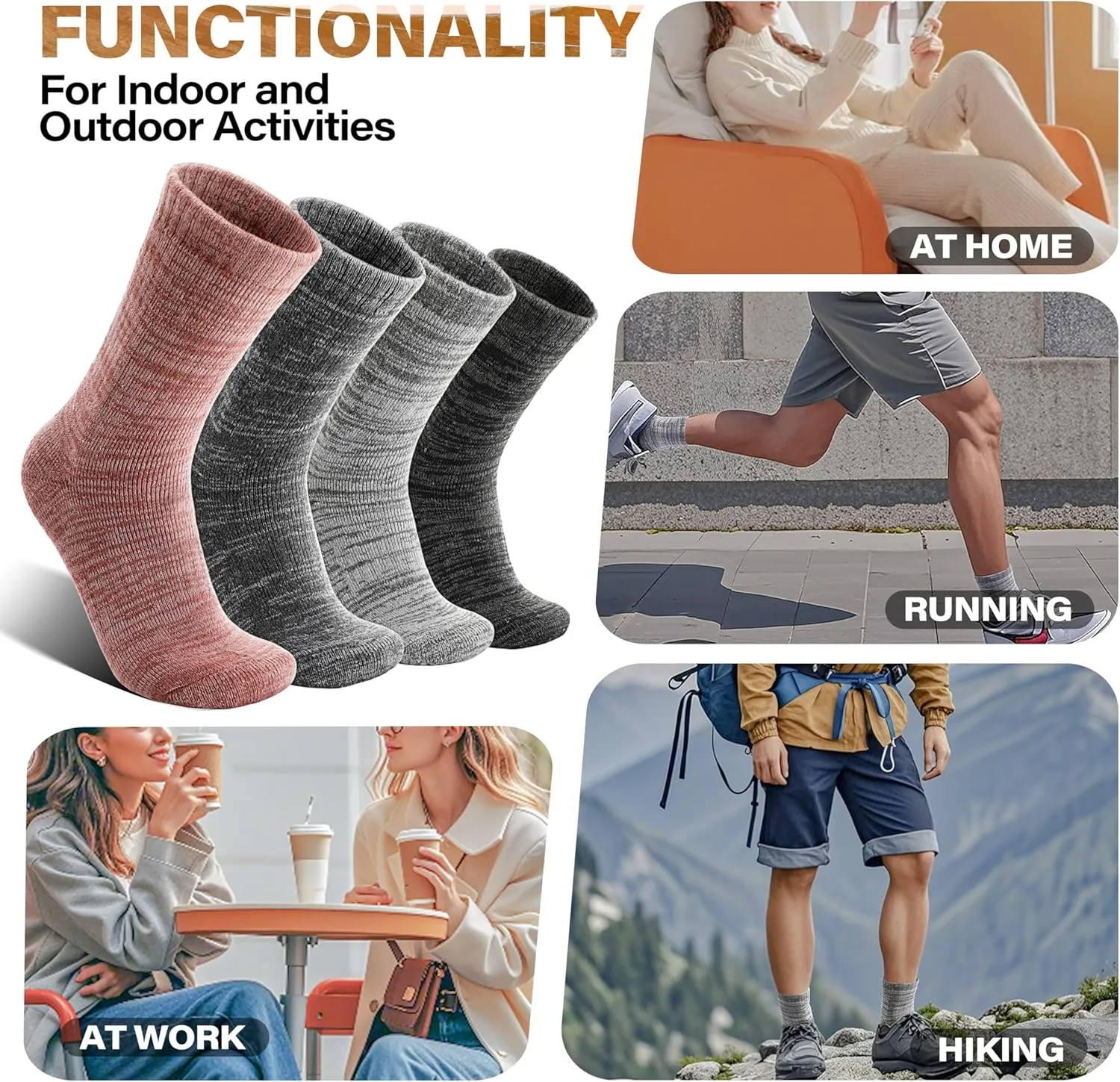 Anlisim Merino Wool Warm Boot Hiking Socks Thermal Extra Thick Winter Cozy Crew Comfy Cushioning Work Women Men Socks 4 Pairs