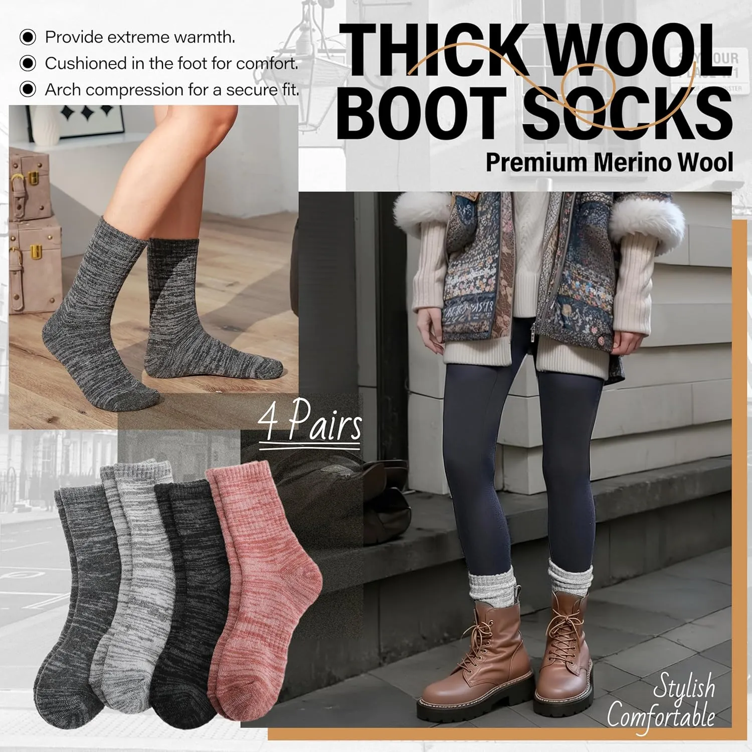 Anlisim Merino Wool Warm Boot Hiking Socks Thermal Extra Thick Winter Cozy Crew Comfy Cushioning Work Women Men Socks 4 Pairs
