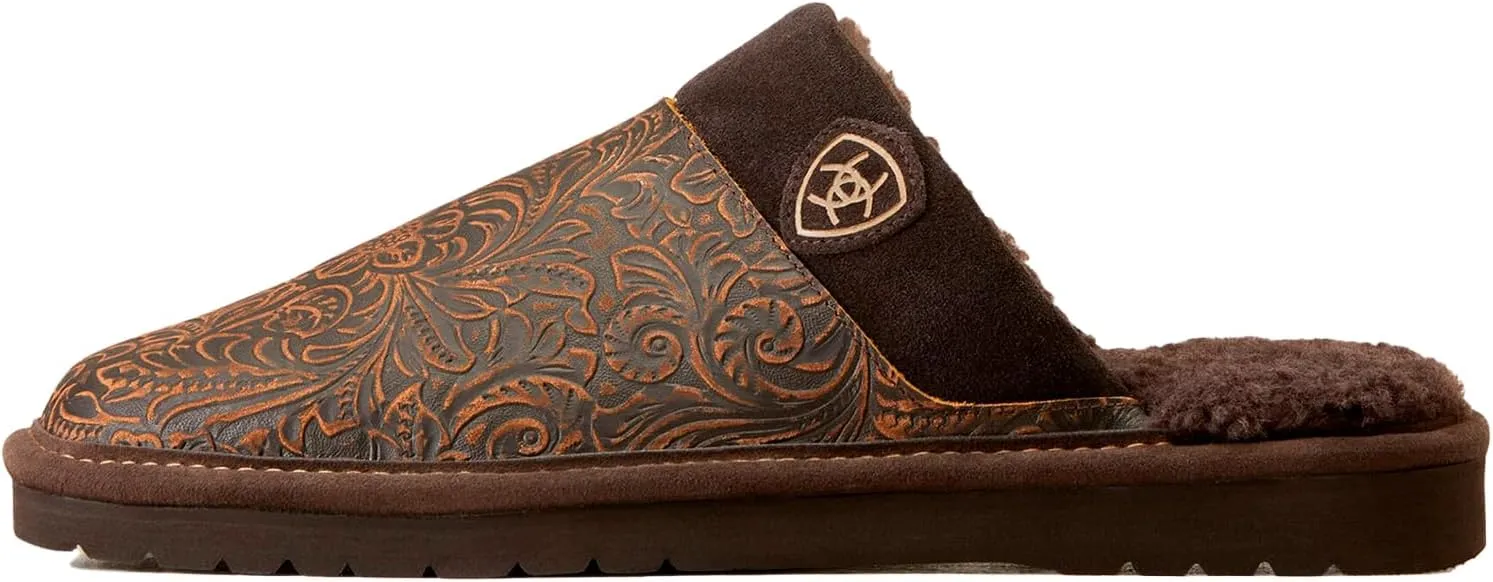 ARIAT Men's Silversmith Warm Soft Embossed Tooling Full-grain Leather Square Toe Slippers with Shearling Lining