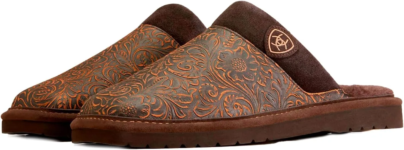 ARIAT Men's Silversmith Warm Soft Embossed Tooling Full-grain Leather Square Toe Slippers with Shearling Lining