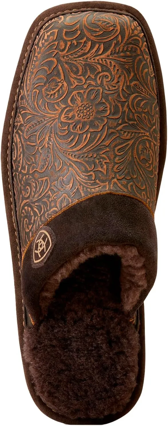 ARIAT Men's Silversmith Warm Soft Embossed Tooling Full-grain Leather Square Toe Slippers with Shearling Lining