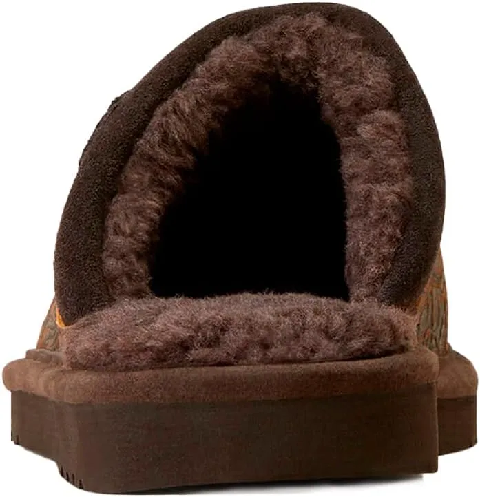 ARIAT Men's Silversmith Warm Soft Embossed Tooling Full-grain Leather Square Toe Slippers with Shearling Lining