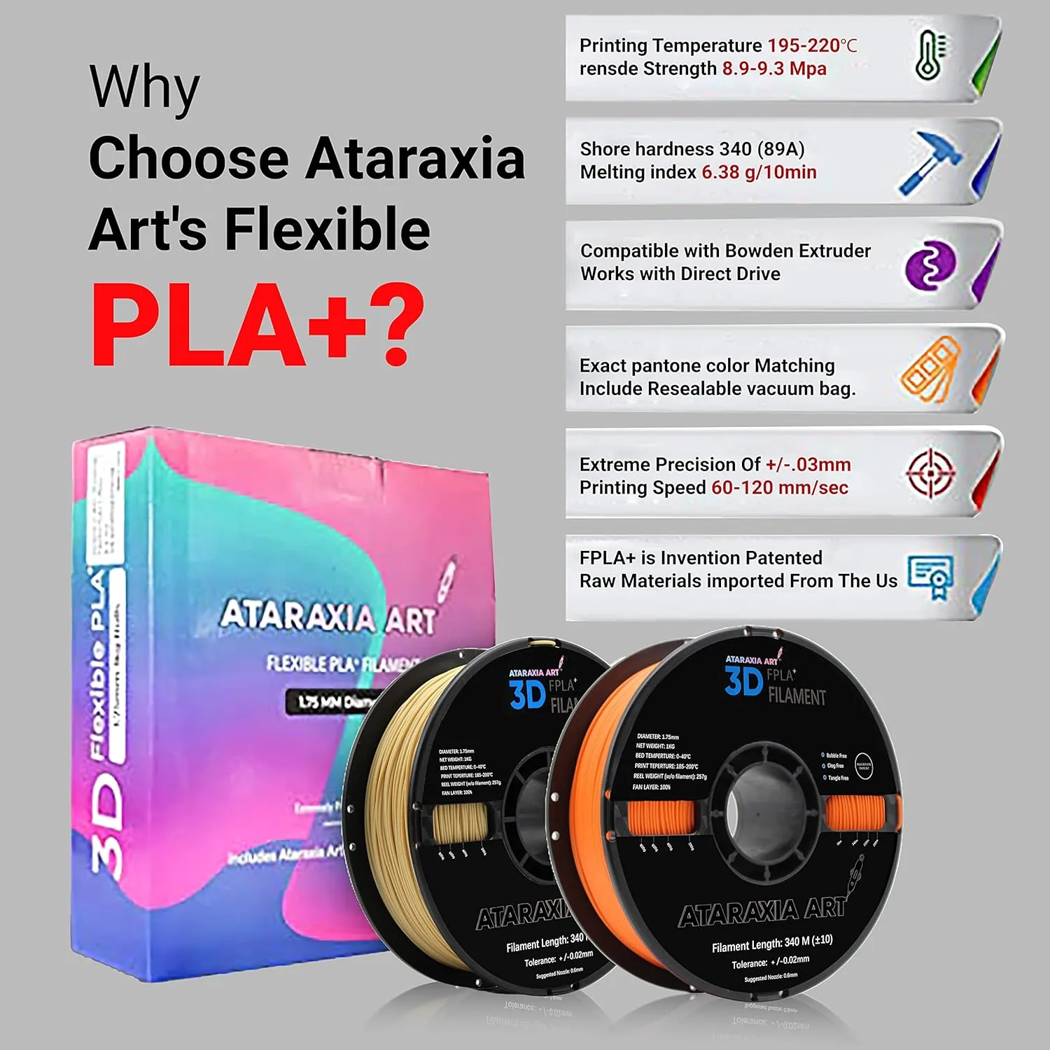 ATARAXIA ART Flexible PLA Filament 1.75mm, Soft Flexible 3D Printer Filament 1Kg/2.2lb 5X Long Stretch,Easy Than TPU Extruder,89A Shore Hardness, Patent Formula,with Filament Storage Bags, FPLA White