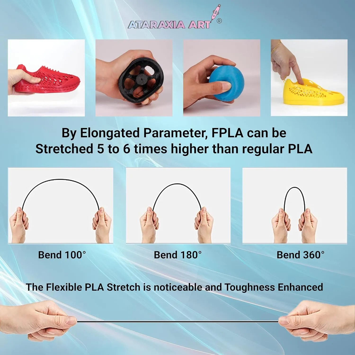 ATARAXIA ART Flexible PLA Filament 1.75mm, Soft Flexible 3D Printer Filament 1Kg/2.2lb 5X Long Stretch,Easy Than TPU Extruder,89A Shore Hardness, Patent Formula,with Filament Storage Bags, FPLA White