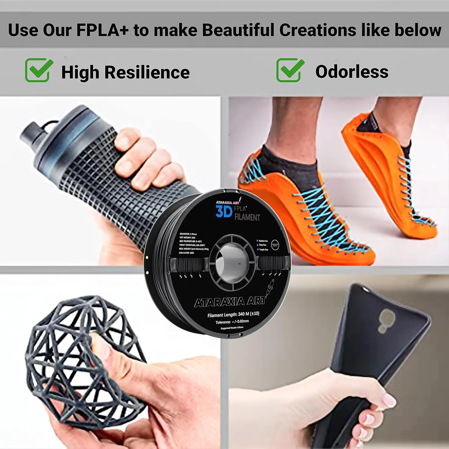 ATARAXIA ART Flexible PLA Filament 1.75mm, Soft Flexible 3D Printer Filament 1Kg/2.2lb 5X Long Stretch,Easy Than TPU Extruder,89A Shore Hardness, Patent Formula,with Filament Storage Bags, FPLA White