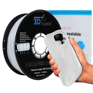 ATARAXIA ART Flexible PLA Filament 1.75mm, Soft Flexible 3D Printer Filament 1Kg/2.2lb 5X Long Stretch,Easy Than TPU Extruder,89A Shore Hardness, Patent Formula,with Filament Storage Bags, FPLA White