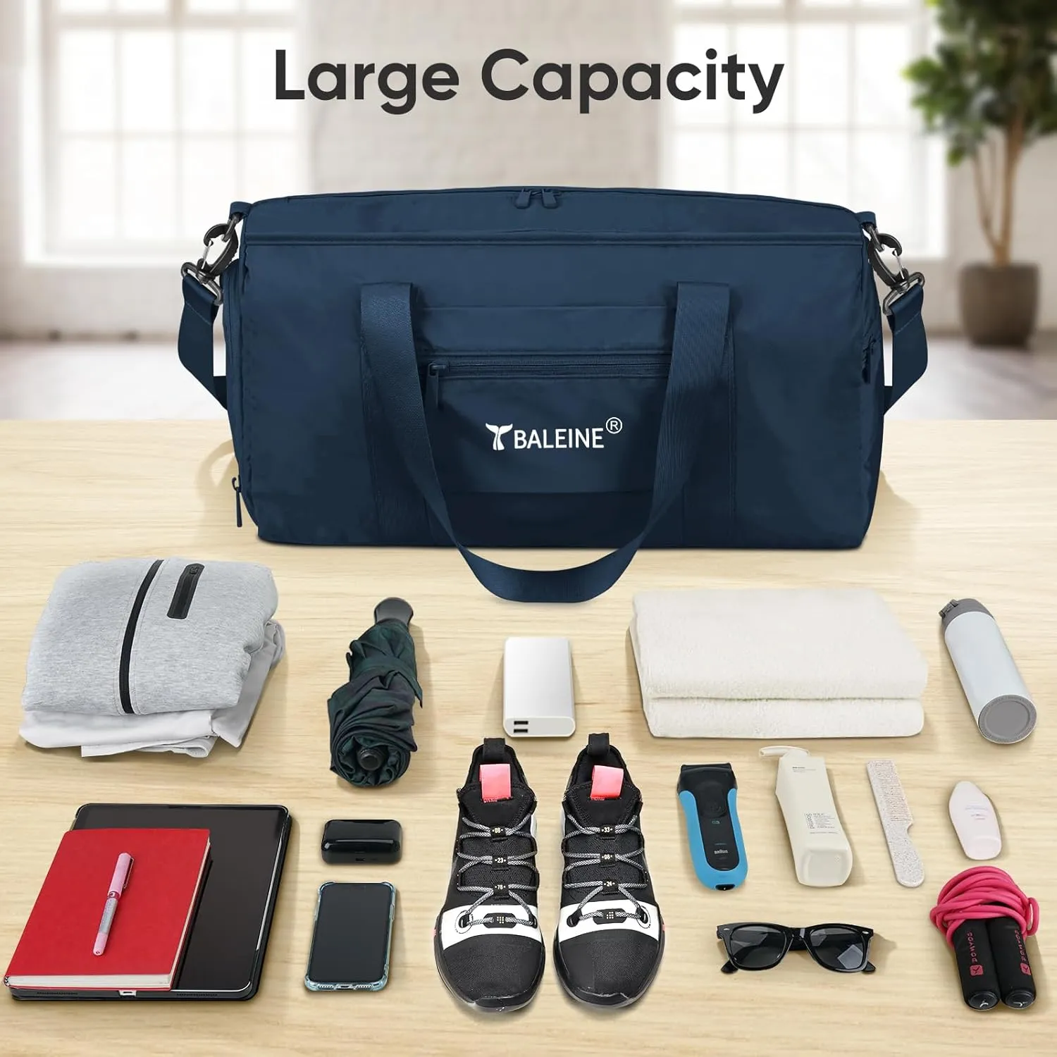 BALEINE Gym Bag for Women and Men, Small Duffel Bag for Sports, Gyms and Weekend Getaway, Waterproof Dufflebag with Shoe and Wet Clothes Compartments, Lightweight Carryon Gymbag (Blue)