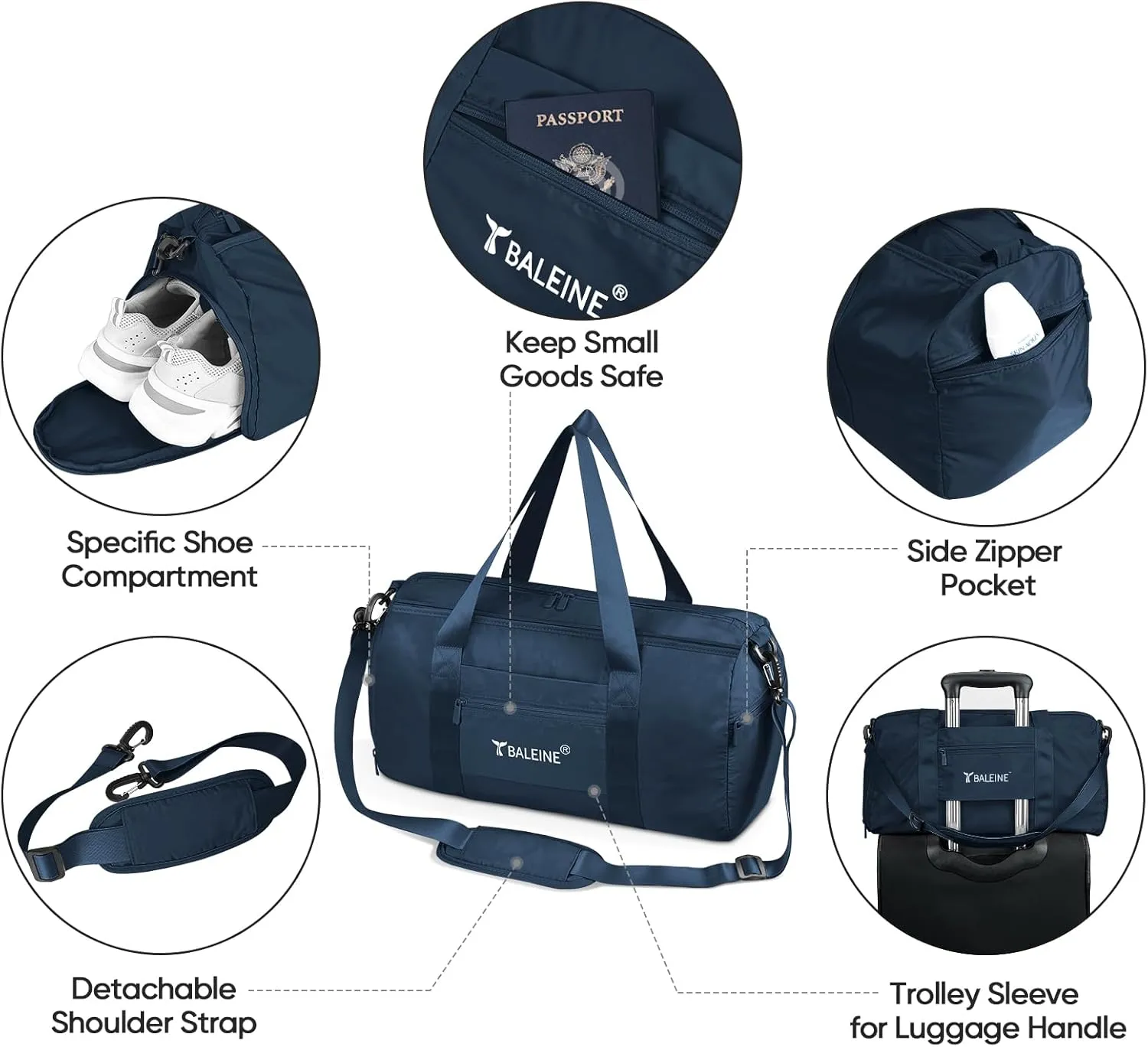 BALEINE Gym Bag for Women and Men, Small Duffel Bag for Sports, Gyms and Weekend Getaway, Waterproof Dufflebag with Shoe and Wet Clothes Compartments, Lightweight Carryon Gymbag (Blue)