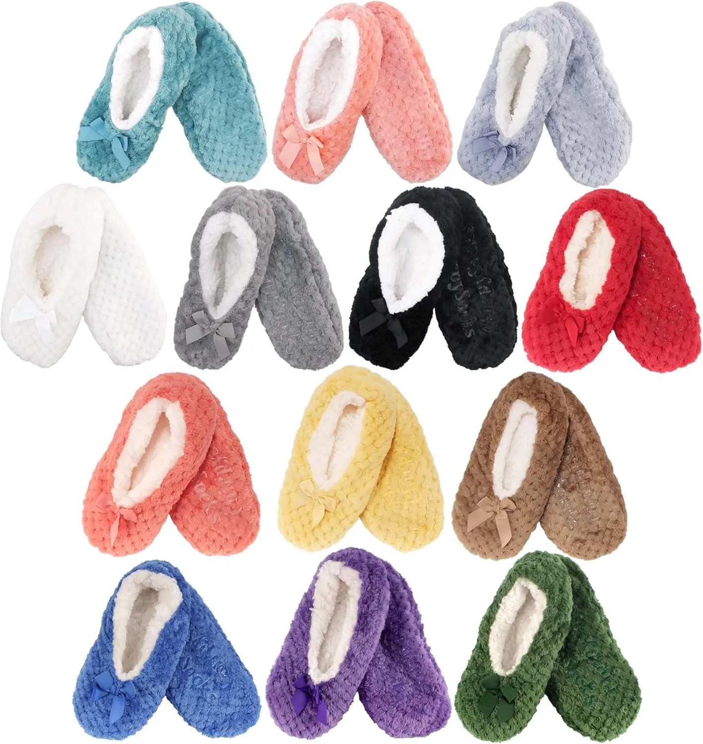 BambooMN Soft Touch Warm Cozy Fuzzy Non-Slip Lined Slip-On Slippers Socks for Adult Women, Indoor Travel House Slippers, 3 Pairs