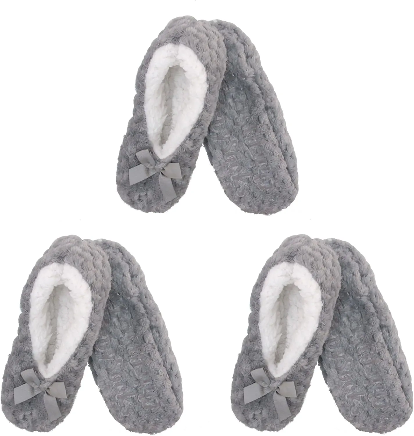 BambooMN Soft Touch Warm Cozy Fuzzy Non-Slip Lined Slip-On Slippers Socks for Adult Women, Indoor Travel House Slippers, 3 Pairs