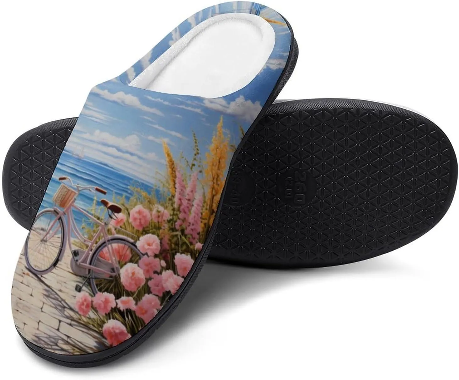 Bike Seaside Bicycles And Flower Men's Cotton Slippers Casual House Shoes Anti-Slip Soft Shoes for Indoor And Outdoor