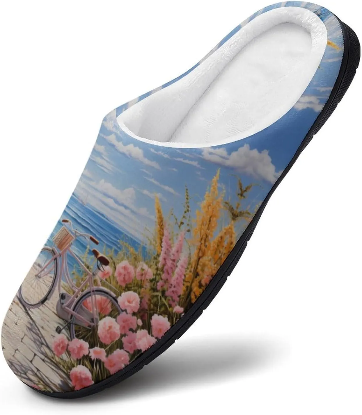 Bike Seaside Bicycles And Flower Men's Cotton Slippers Casual House Shoes Anti-Slip Soft Shoes for Indoor And Outdoor