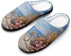 Bike Seaside Bicycles And Flower Men's Cotton Slippers Casual House Shoes Anti-Slip Soft Shoes for Indoor And Outdoor