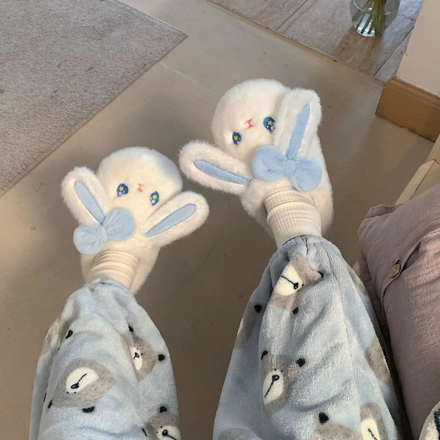 Blue Rabbit Slippers Girl Boy Kids Animal Cute Big Ears Winter House Shoes Warm Bunny Slippers Soft Plush Indoor Novelty Slipper
